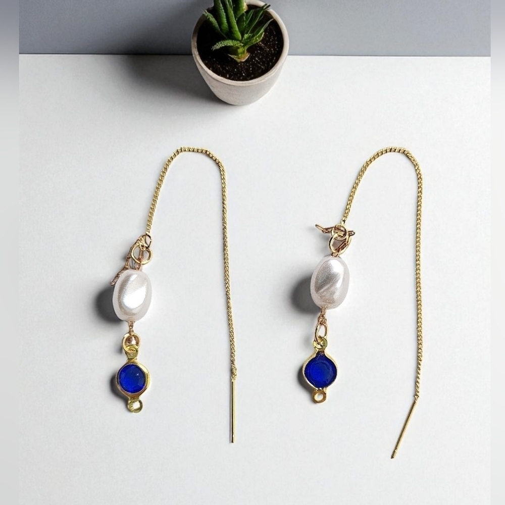 18K Gold Plated Threader Faux Pearl Gold Blue Faceted Zircon Dangle Ear…